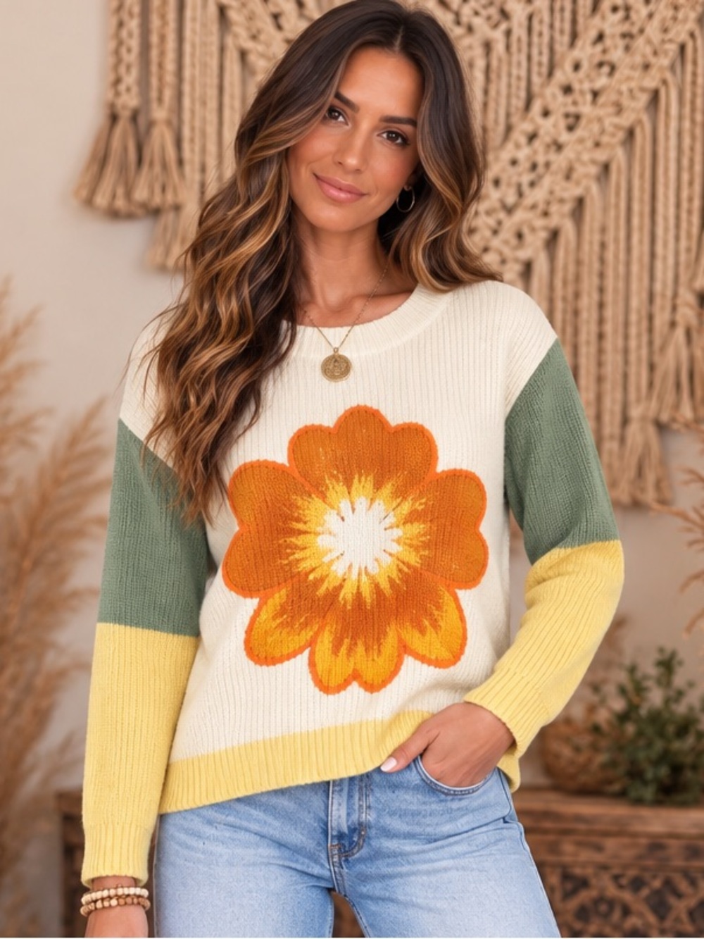 Floral Colorblock Crewneck Sweater - Cream with Orange Flower
